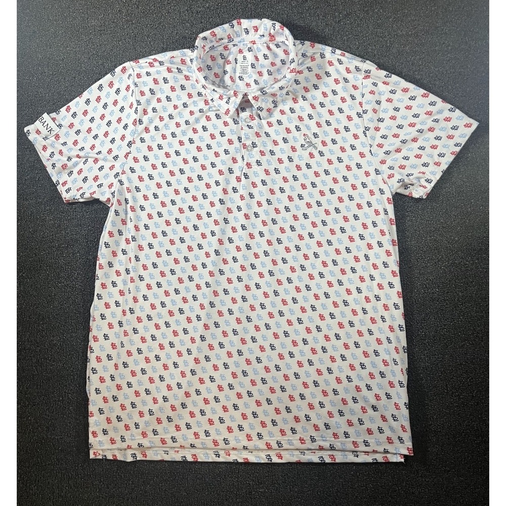 MLB St Louis Cardinals‎ Polo Shirt Mens XL White All Over Print Busey Bank Logo
